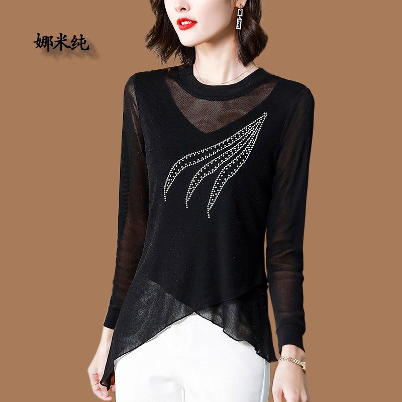 不規則燙鑽網紗上衣女2023春秋新款長袖大碼時尚洋氣顯瘦打底衫潮