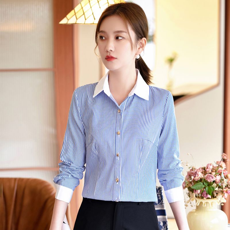 藍色條紋襯衫女春秋2023新款休閒修身小個子上衣高級感女士白襯衣