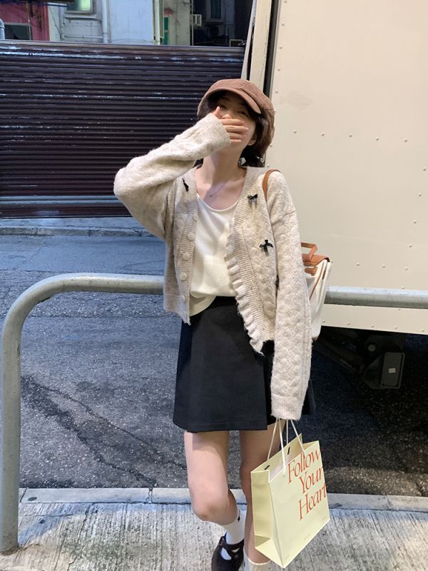Sweet bow knitted sweater jacket for women 2023 autumn new loose cardigan short top jacket