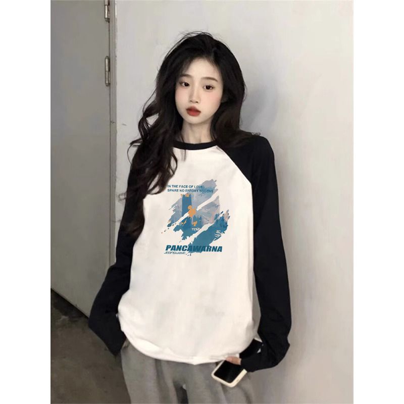 插肩袖拼色純棉長袖t恤女秋季小眾設計感內搭打底衫港味chic上衣