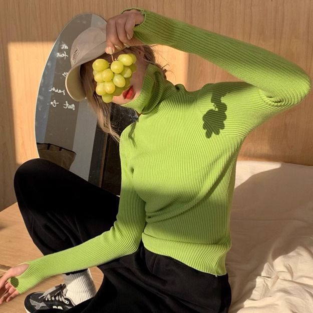 果绿色高领毛衣女秋冬新款加厚针织打底衫设计感百搭修身洋气上衣
