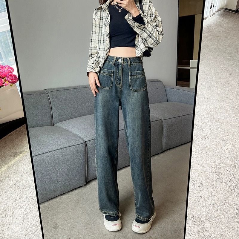 水泥灰牛仔褲女小個子秋季韓版高腰顯瘦顯高直筒褲窄版闊腿長褲子