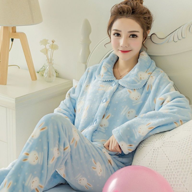 Pajamas for women, thickened flannel two-piece set, home wear, coral velvet, warm spring, autumn and winter long-sleeved loose Korean style