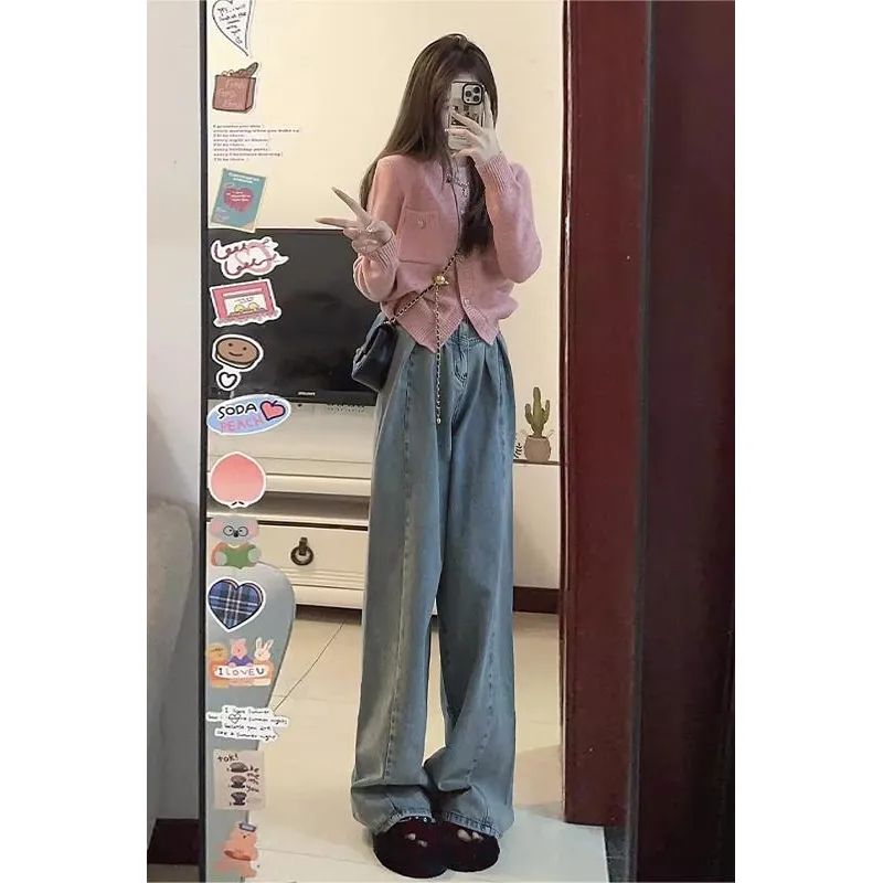 美式復古高個子闊腿牛仔褲女秋冬新款高腰寬鬆直筒拖地褲子ins潮