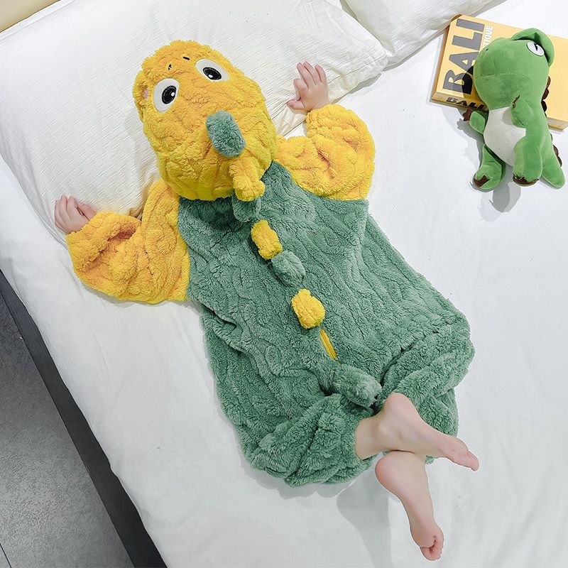 儿童连体睡衣冬季法兰绒家居服珊瑚绒爬服婴儿睡袋动物恐龙衣服