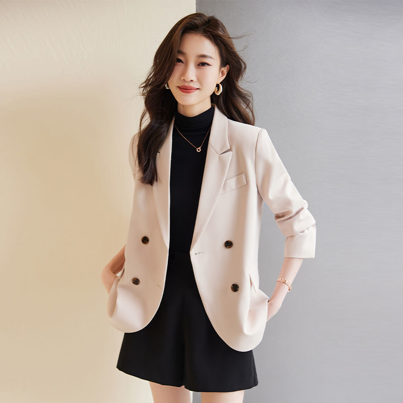 杏色西裝外套女小個子2023新款秋冬高級感氣質休閒韓版寬鬆小西服