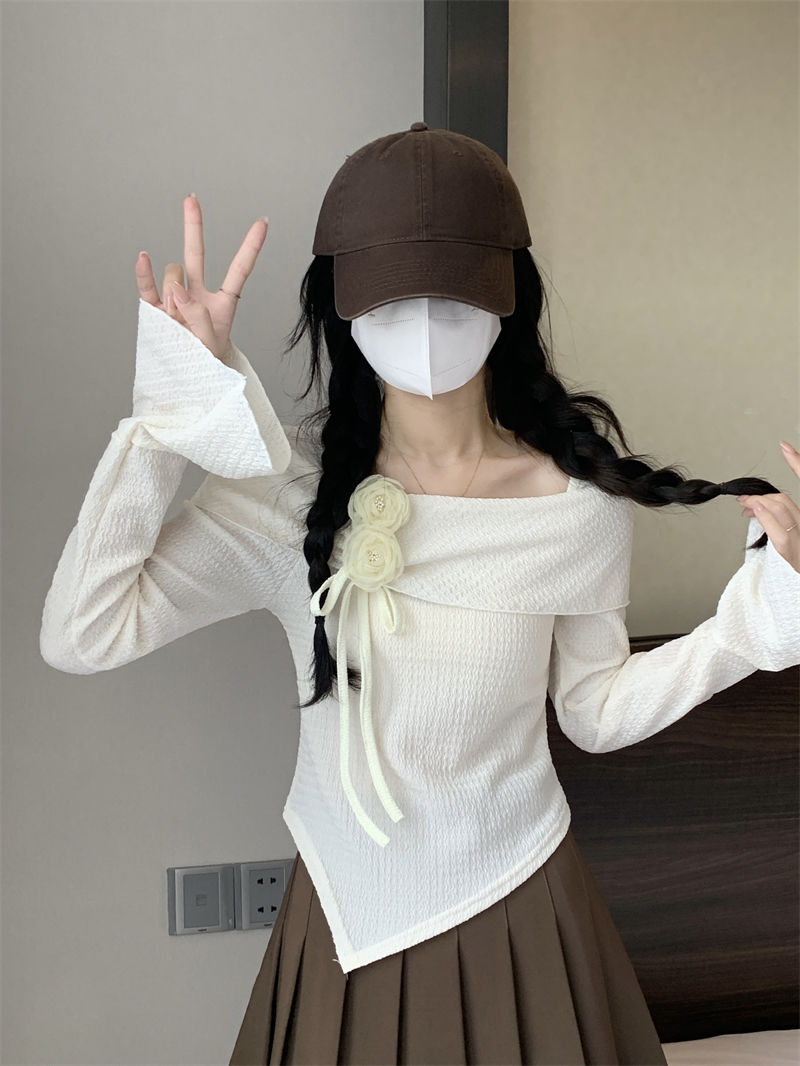 韩版时尚气质T恤秋季新款女装漂亮设计感修身不规则长袖短款上衣