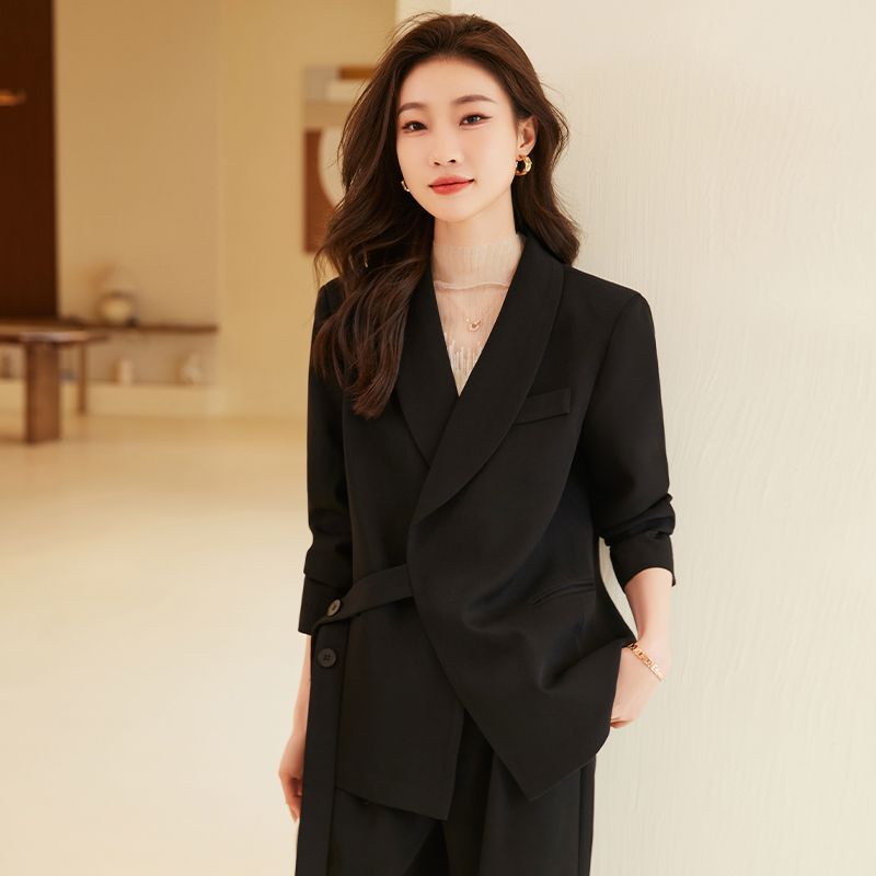 設計感綁帶西裝外套闊腿褲兩件套女秋冬新款高級感寬鬆休閒套裝潮
