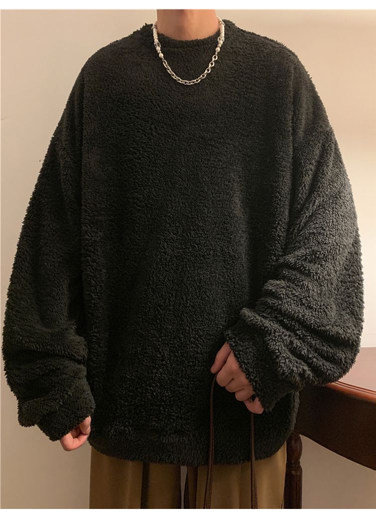 Men's lamb cashmere hoodie, autumn winter style, plush and thick pullover, round neck, inner layer with clothes, men's_voghion.com