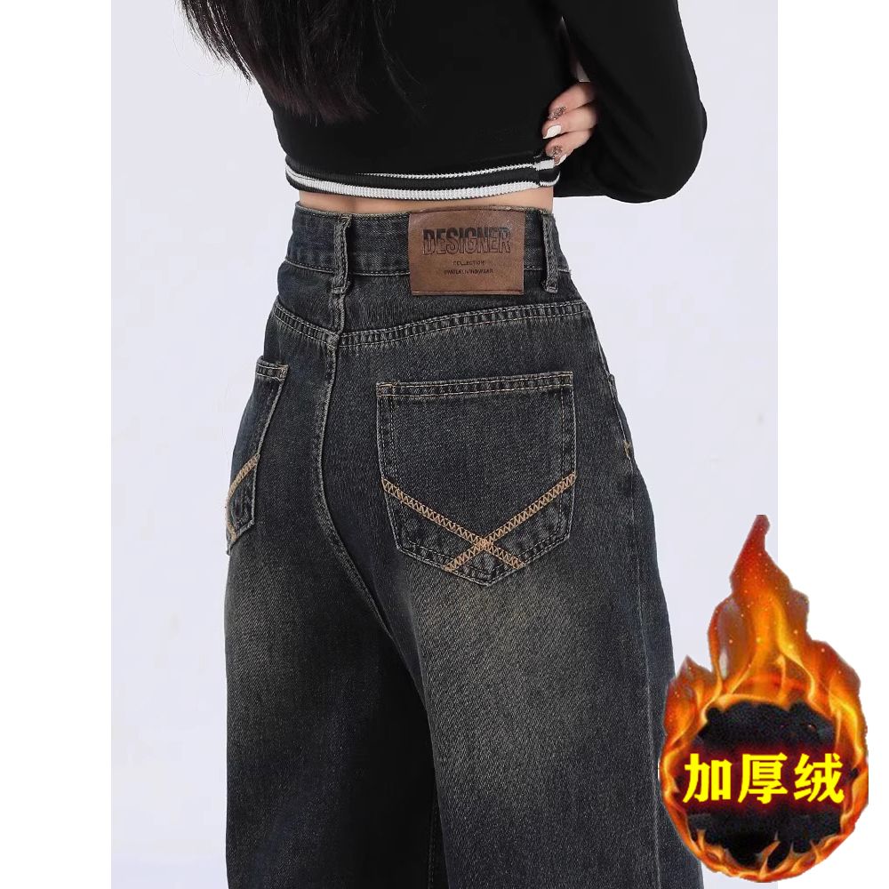 復古加絨加厚直筒牛仔褲女2023年秋冬新款高腰顯瘦小個子闊腿長褲