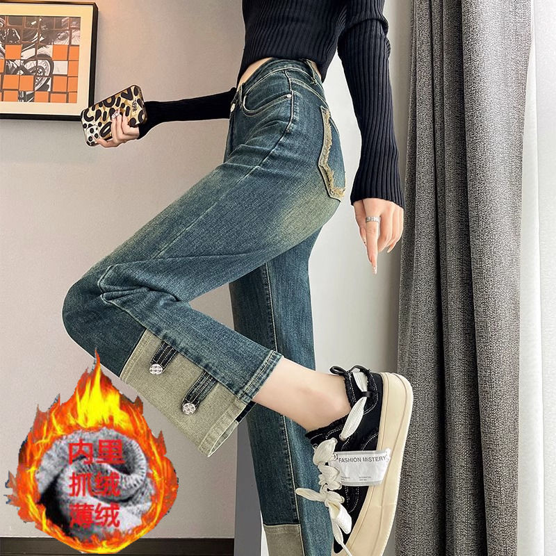 復古加絨直筒牛仔褲女2023年秋冬季新款高腰顯瘦小個子九分煙管褲