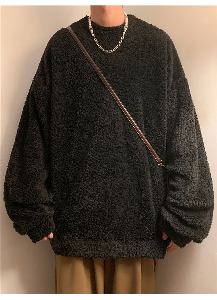 Men's lamb cashmere hoodie, autumn winter style, plush and thick pullover, round neck, inner layer with clothes, men's_voghion.com