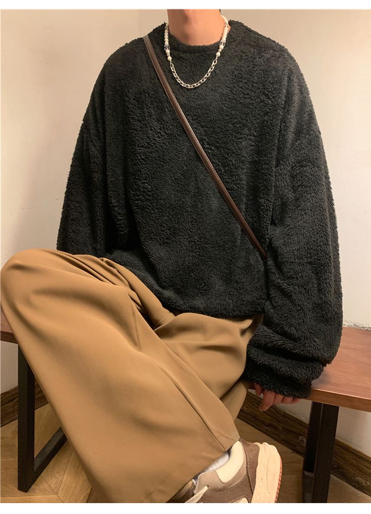 Men's lamb cashmere hoodie, autumn winter style, plush and thick pullover, round neck, inner layer with clothes, men's_voghion.com