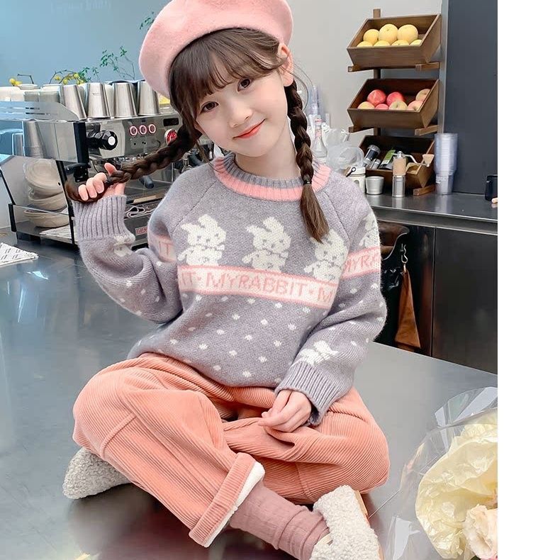 女童毛衣2023秋冬新款兒童卡通提花小兔子打底衫女孩韓版洋氣針織