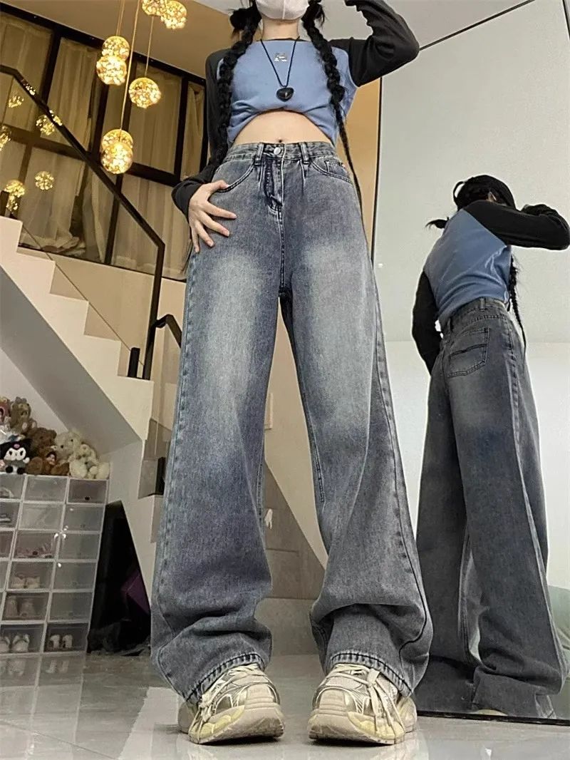 復古水洗闊腿牛仔褲女2023秋冬新款高腰寬鬆顯瘦直筒垂感遮肉褲子