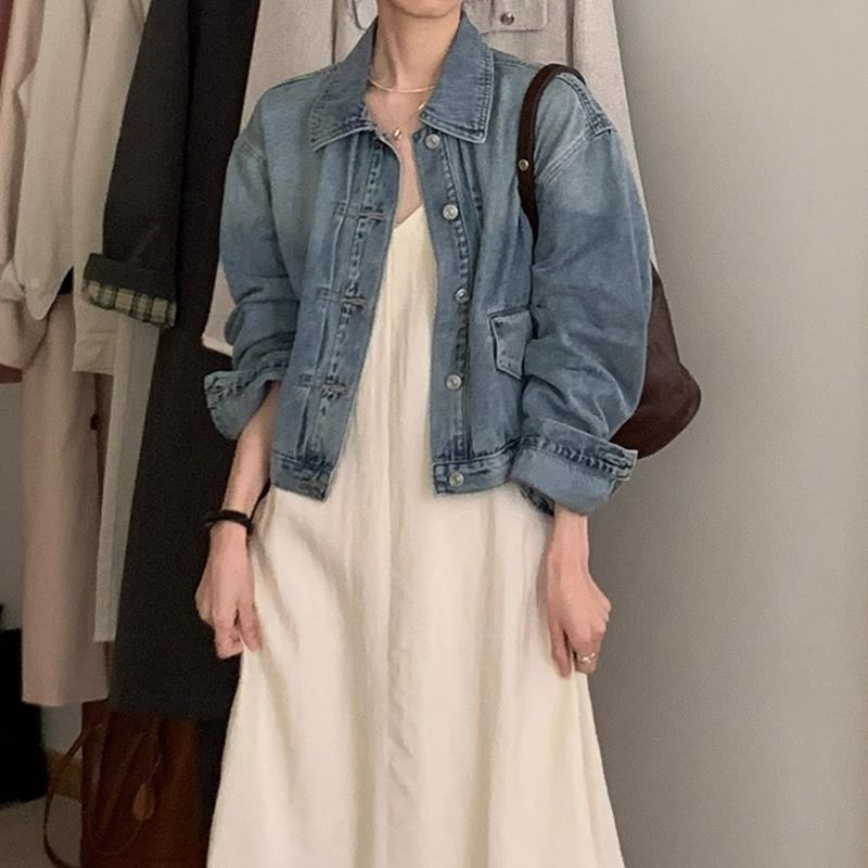Small short denim jacket for women 2023 new autumn Korean style loose slim versatile long-sleeved jacket trendy
