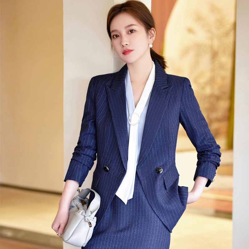 藍色條紋西裝套裝女秋冬氣質女神范職業裝酒店工作服通勤西服正裝