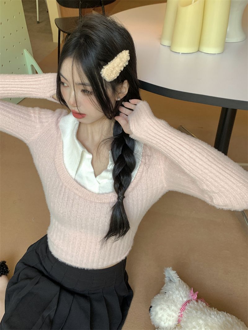 白色內搭套頭polo領假兩件針織衫女秋冬慵懶風毛衣軟糯打底衫上衣