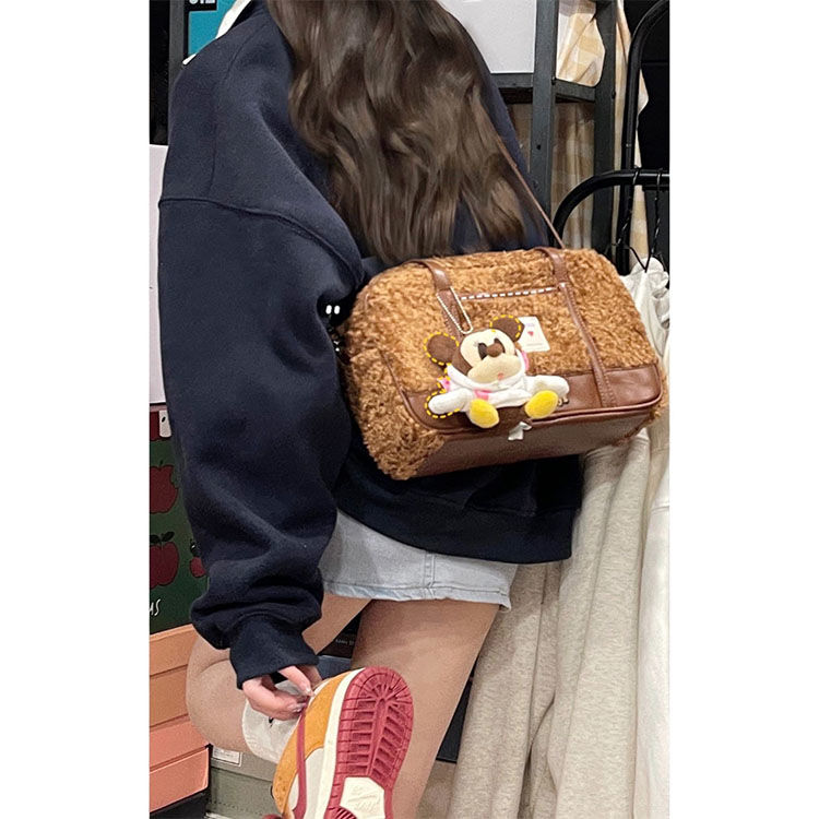 高級質感毛絨手提包包女時尚百搭撞色斜挎包手提貝殼包休閒單肩包