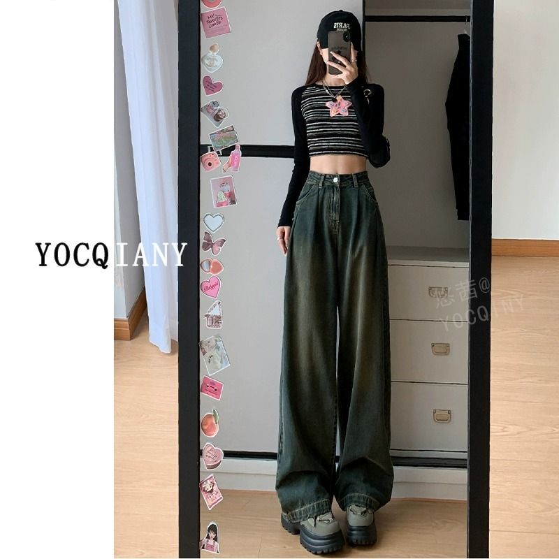 水泥灰復古闊腿牛仔褲女2023年秋季新款寬鬆高腰顯瘦做舊直筒長褲