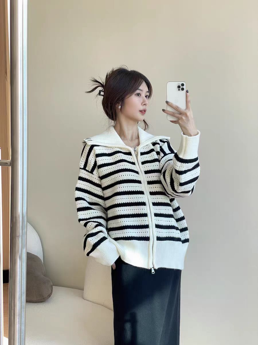 2023 autumn and winter new design niche sweater top ins large lapel striped zipper knitted cardigan for women