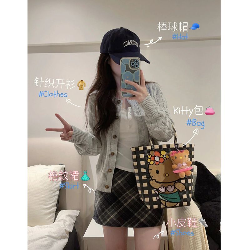 學院風麻花針織毛衣開衫外套女+吊帶背心+高腰格紋半身裙三件套裝