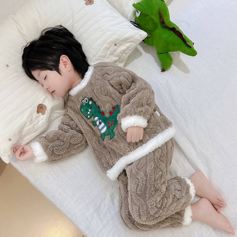 儿童睡衣男童恐龙套装秋冬季法兰绒家居服男孩宝宝冬款珊瑚绒加厚