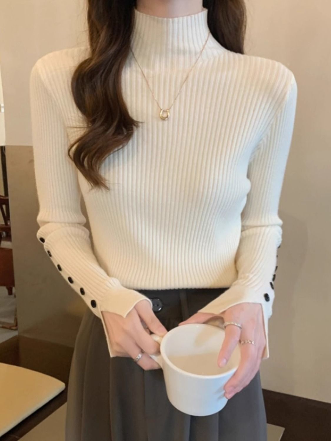 溫柔風半高領長袖打底衫毛衣女秋冬新款洋氣修身內搭針織衫上衣潮