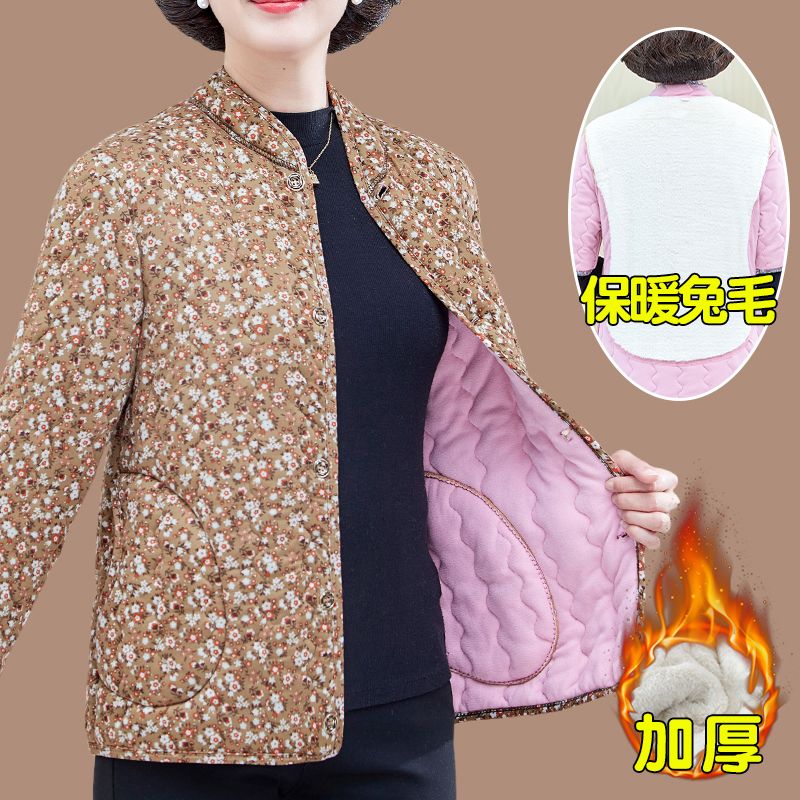 Winter thickened warm cotton clothing for middle-aged and elderly women plus velvet large size floral small cotton-padded jacket long-sleeved mother's patch cotton coat