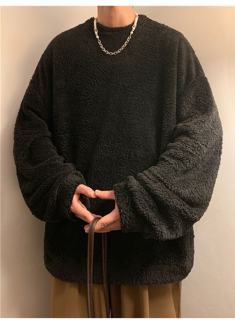 Men's lamb cashmere hoodie, autumn winter style, plush and thick pullover, round neck, inner layer with clothes, men's_voghion.com