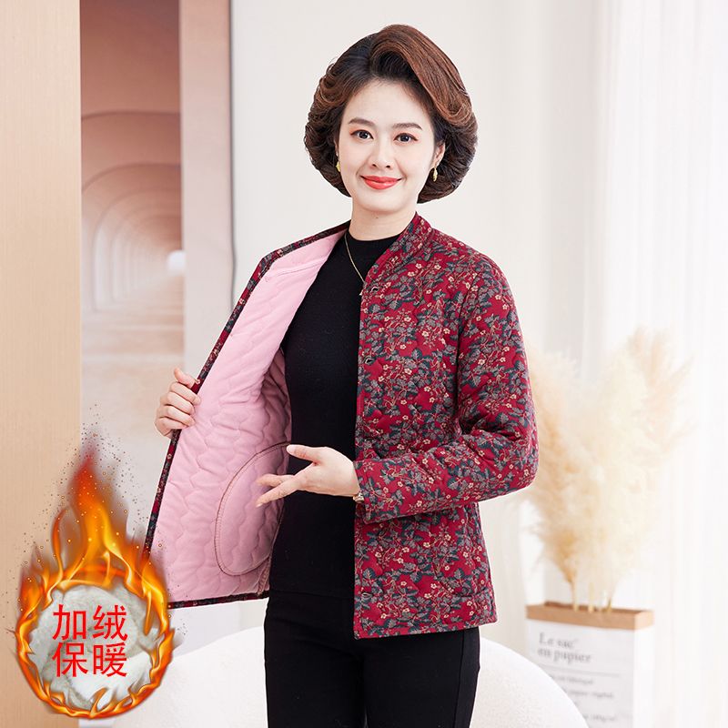 Winter thickened warm cotton clothing for middle-aged and elderly women plus velvet large size floral small cotton-padded jacket long-sleeved mother's patch cotton coat