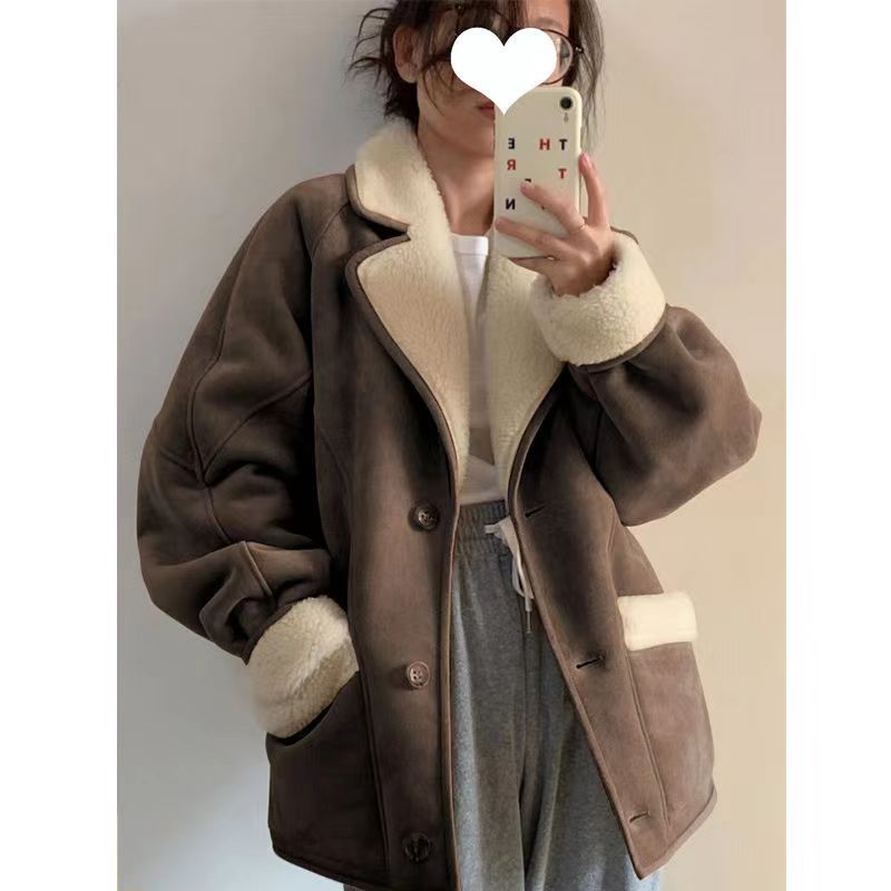 麂皮短外套女秋冬季羊羔毛2023新款小香風皮毛一體羊羔絨棉服冬季