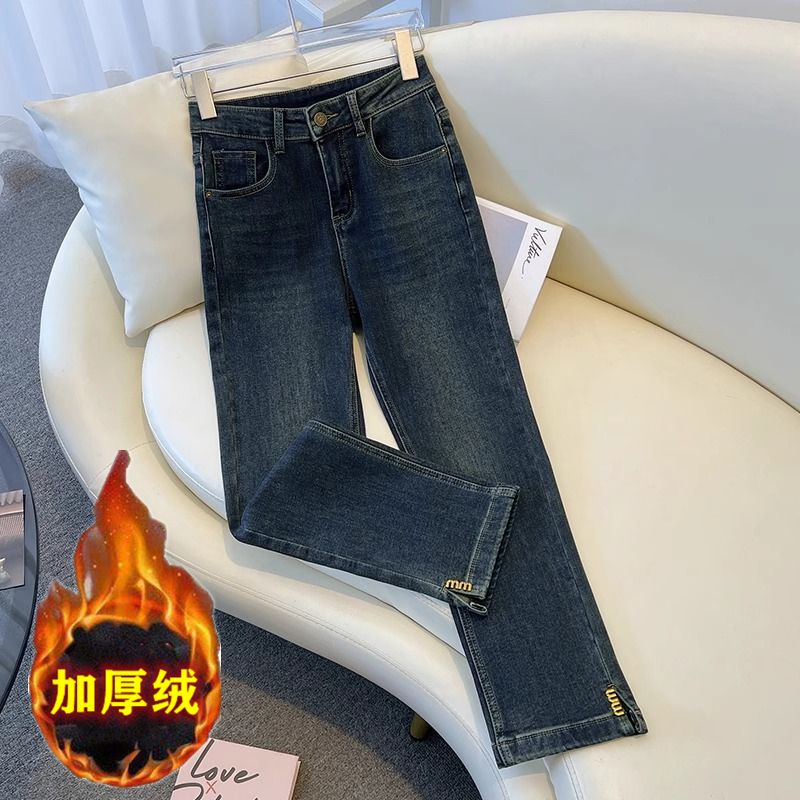 加絨加厚窄版直筒牛仔褲女2023秋冬新款高腰顯瘦小個子九分煙管褲