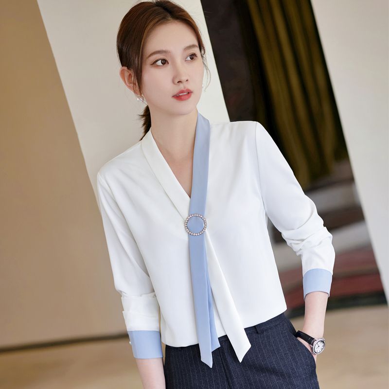 白襯衫女飄帶設計感小眾雪紡上衣春秋2023新款工作服職業長袖襯衣