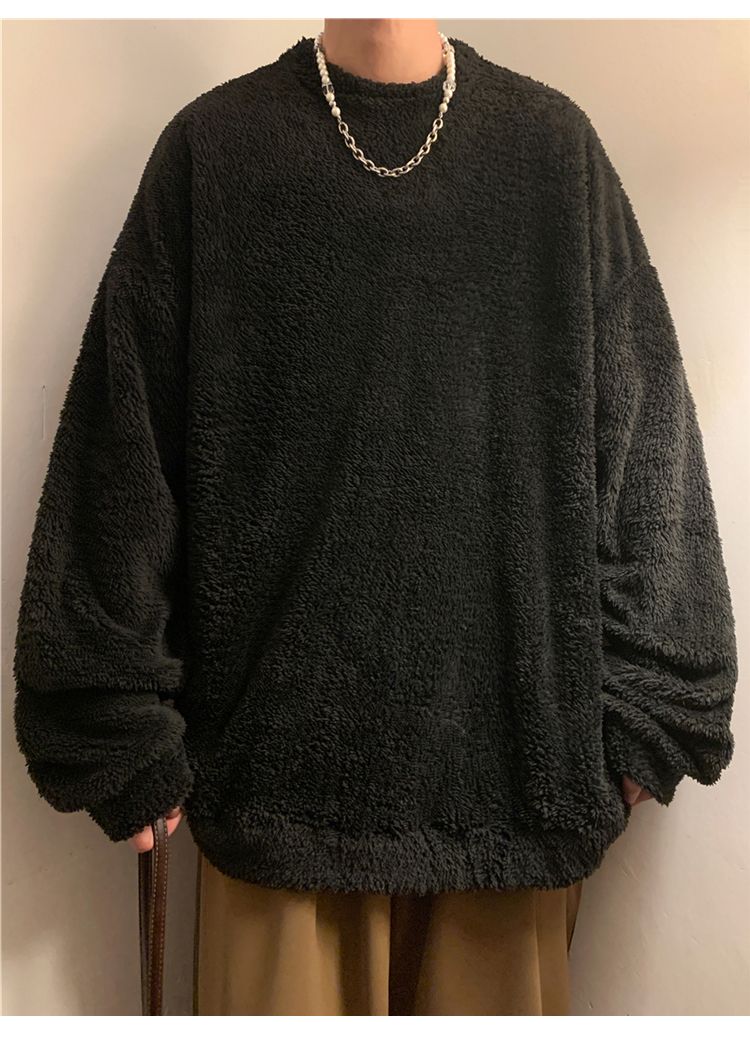 Men's lamb cashmere hoodie, autumn winter style, plush and thick pullover, round neck, inner layer with clothes, men's_voghion.com