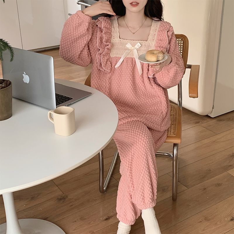 睡衣女新款高級網紅公主風加絨加厚珊瑚絨純色簡約甜美家居服套裝