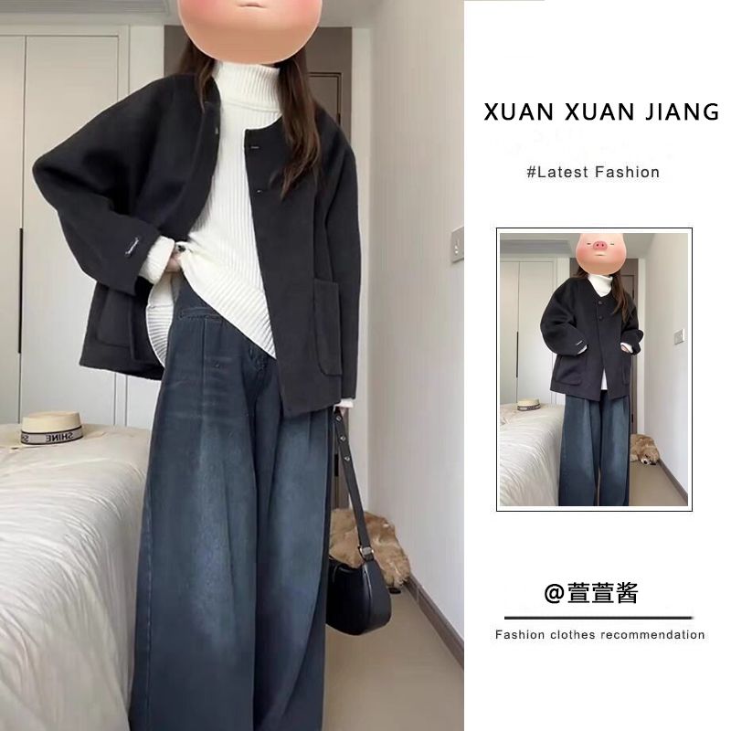 三件套裝女秋冬新款高級感韓系毛呢外套打底針織衫高腰顯瘦牛仔褲