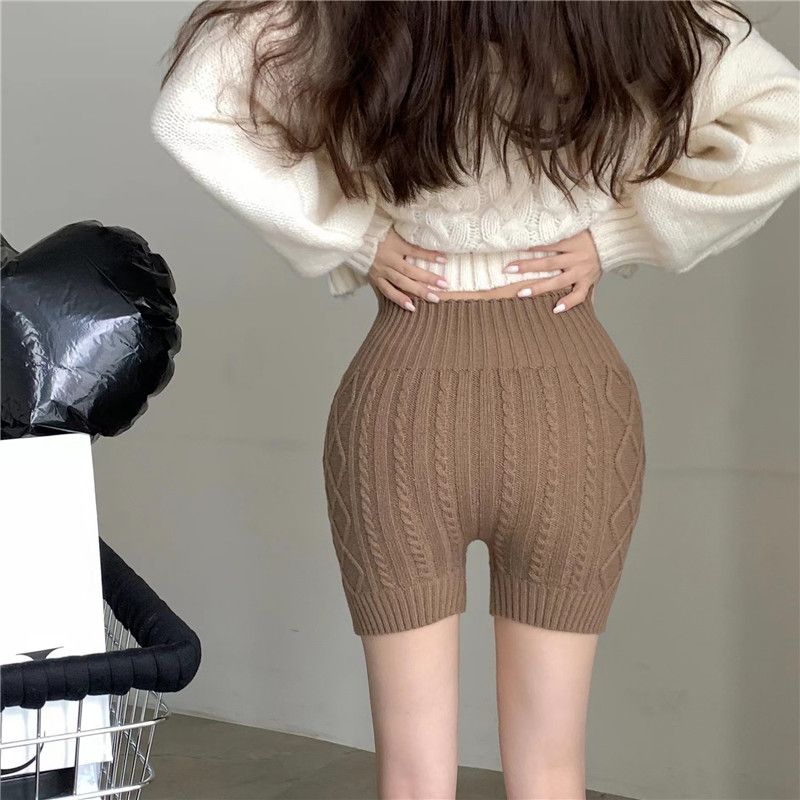 Tight elastic high-waisted knitted shorts for women in autumn and winter anti-exposure outer wear safety pants bottoming warm woolen pants