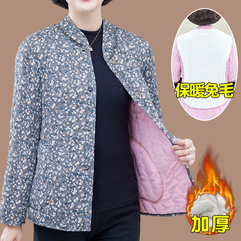 Winter thickened warm cotton clothing for middle-aged and elderly women plus velvet large size floral small cotton-padded jacket long-sleeved mother's patch cotton coat