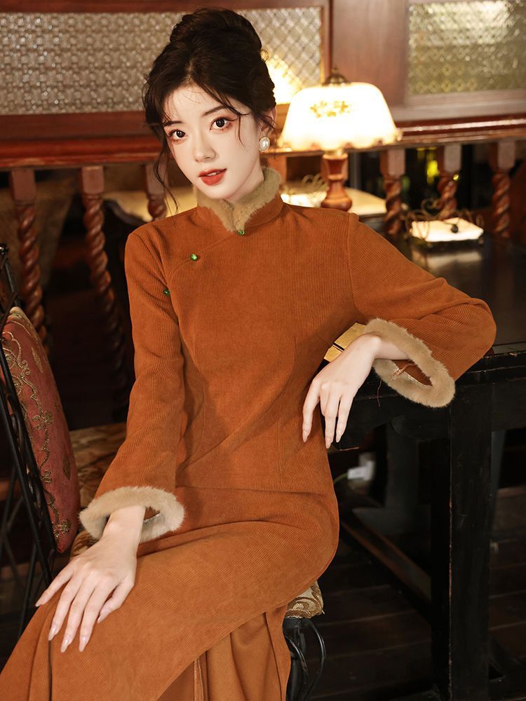 新中式旗袍冬季加絨加厚長款冬款2023新款女長袖敬酒服新娘連衣裙