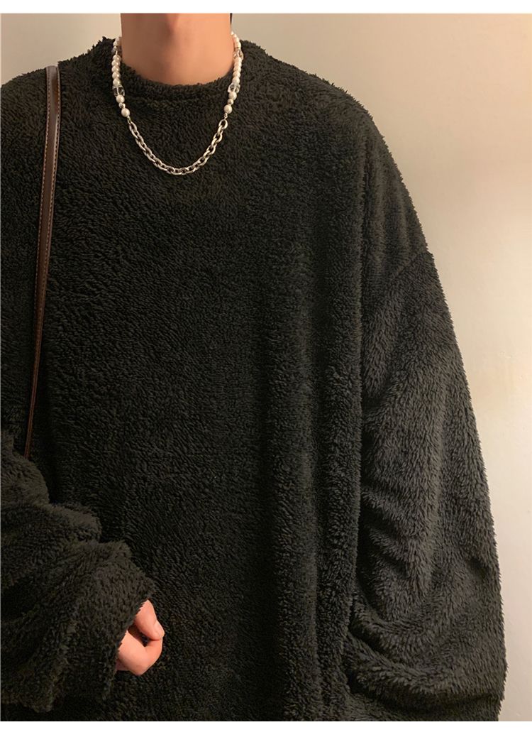Men's lamb cashmere hoodie, autumn winter style, plush and thick pullover, round neck, inner layer with clothes, men's_voghion.com