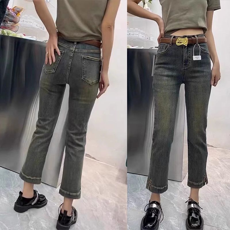 大碼胖mm開叉牛仔褲女秋冬季新款小個子高腰顯瘦九分直筒煙管褲子