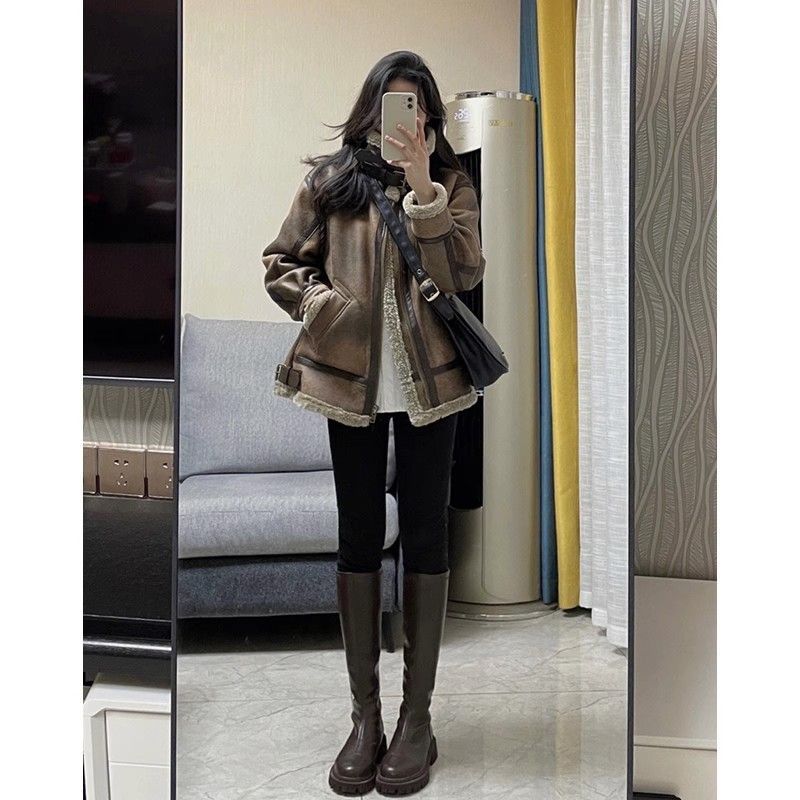 Lamb fur all-in-one jacket women's short 2023 autumn and winter new style small thickened suede motorcycle jacket