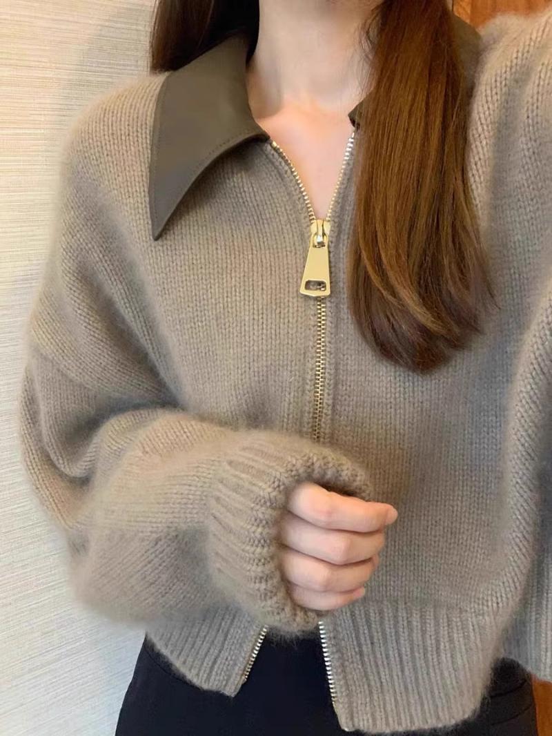 PROMONE拼接皮領雙拉鏈針織衫毛衣女2023秋冬軟糯別致復古上衣
