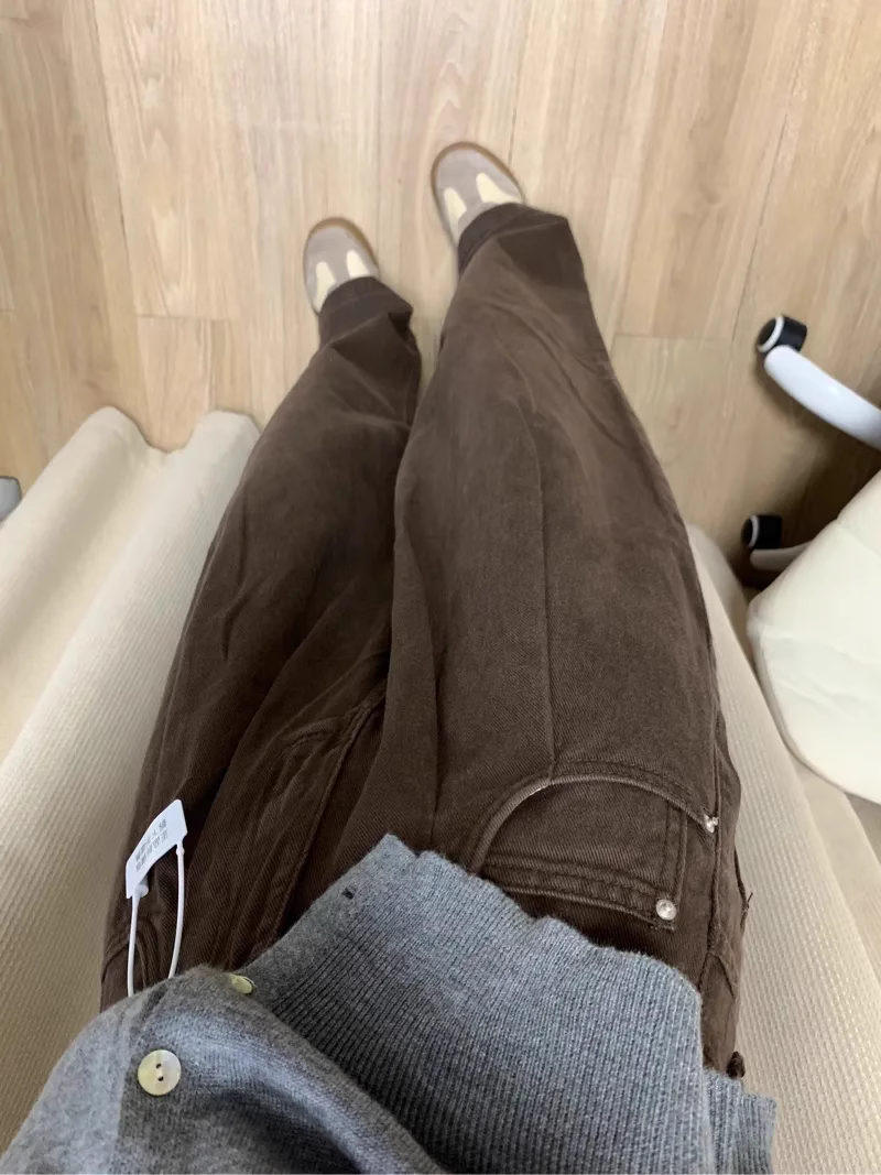 美式深色闊腿牛仔褲女秋冬小個子設計感高腰直筒褲垂感寬鬆拖地褲