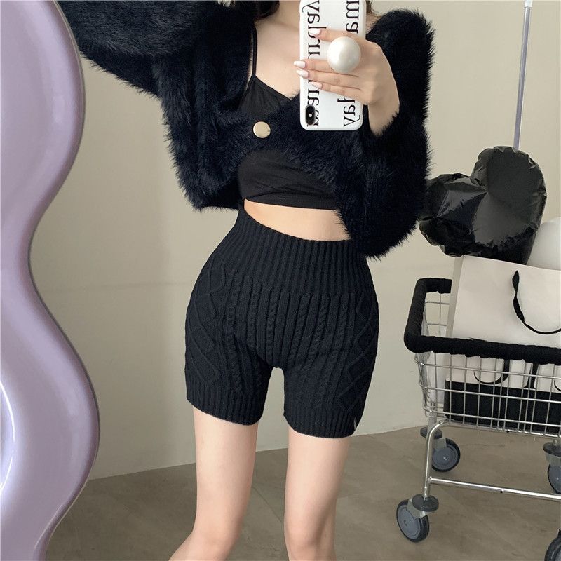 Tight elastic high-waisted knitted shorts for women in autumn and winter anti-exposure outer wear safety pants bottoming warm woolen pants