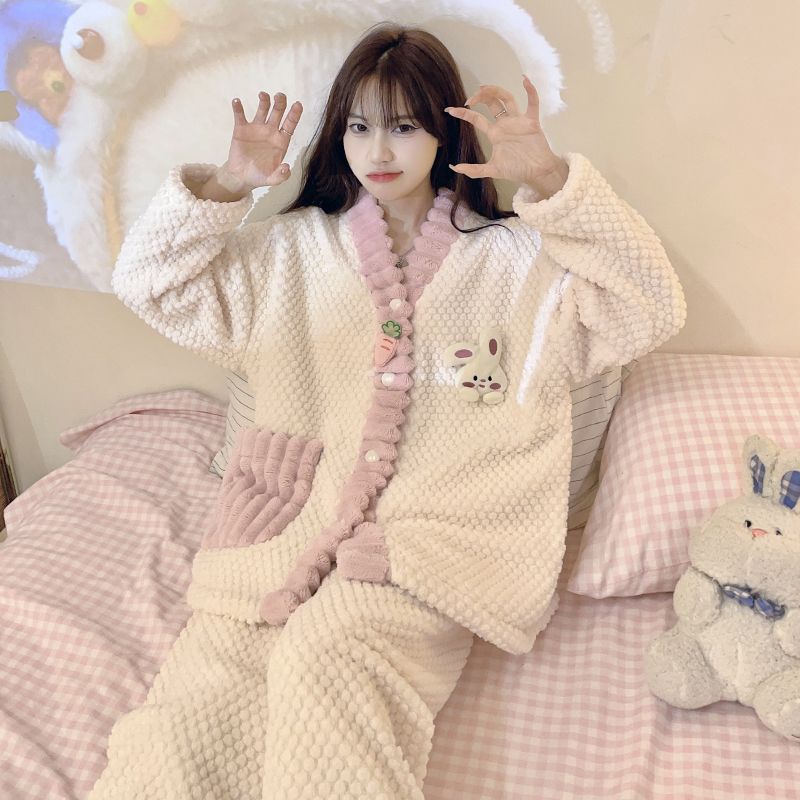 新款珊瑚絨睡衣女套裝秋冬款加厚加絨睡衣女學生新款法蘭絨家居服