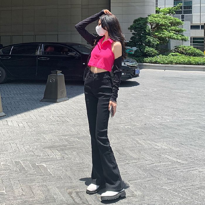 韓風修身喇叭牛仔褲女2023秋季新款高腰顯瘦微喇叭泫雅拖地褲百搭