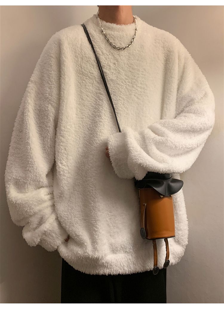 Men's lamb cashmere hoodie, autumn winter style, plush and thick pullover, round neck, inner layer with clothes, men's_voghion.com