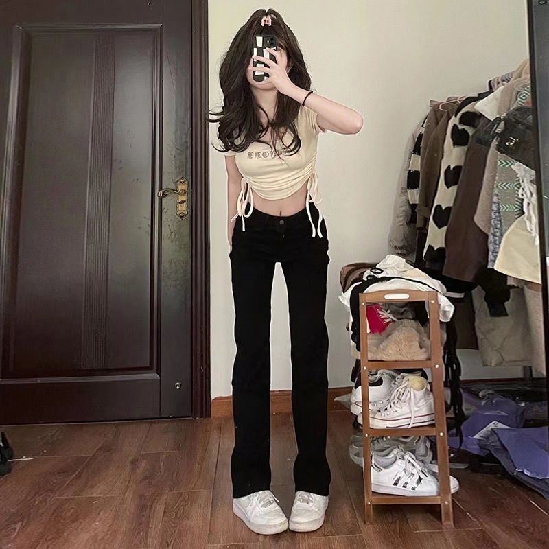 黑色直筒牛仔褲女2023秋季新款復古高腰百搭闊腿褲寬鬆顯瘦拖地褲